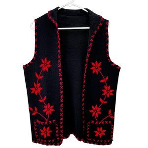Vintage Floral Embroidered Sweater Vest Cardigan size XL Black Red Ponsettia